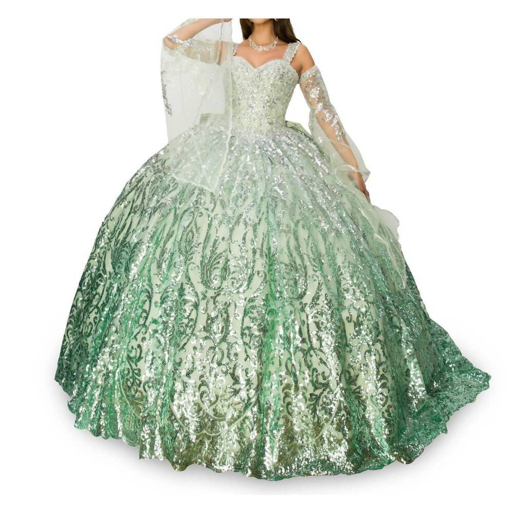 NEW CINDERELLA COUTURE bell sleeve cold shoulder ball gown in sage